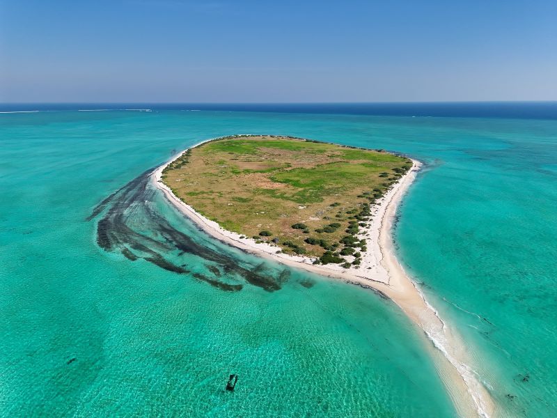 A view from the sky of West Island at Ashmore Reef. The island is small with no trees, and a long thin beach running around its permiter. There are a few darker coloured plants growing close to the beach.