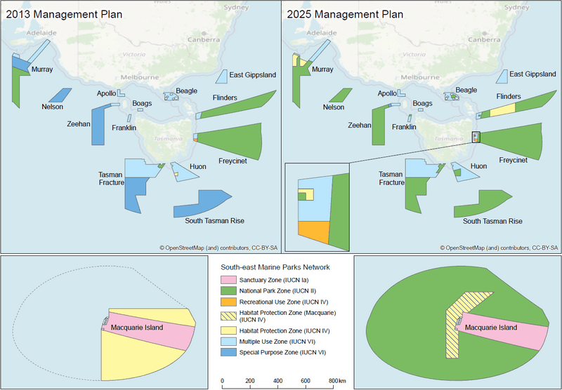 A comparison of zoning changes between the 2013 and 2025 management plans for the South East Marine Parks Network. Much more of the parks are now designated as IUCN II (National Park Zone), and all IUCN IV (Special Purpose Zones) are removed.